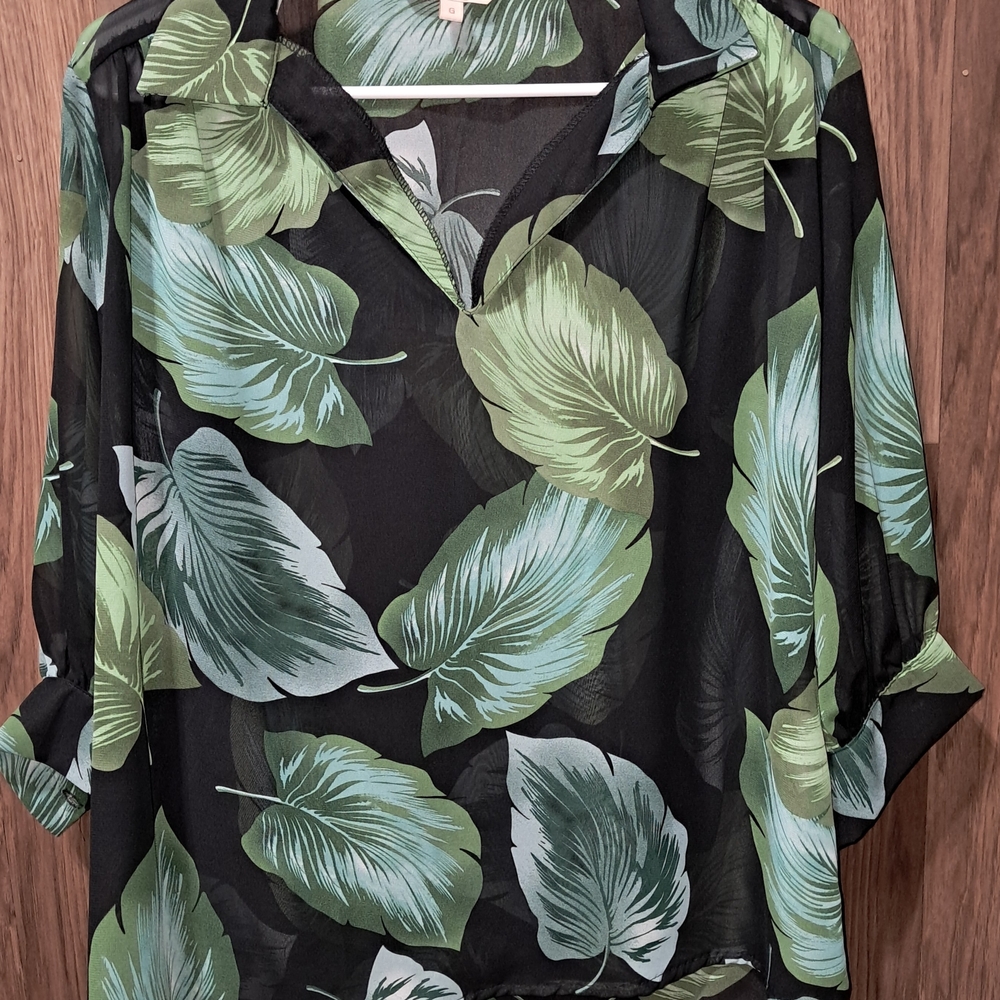 Leaf Print Sheer Blouse - Black and Green - Picture 1 of 3